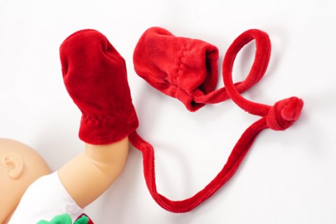 Red custom baby gloves with cord