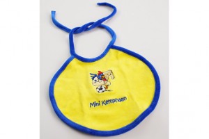Custom embroidered baby bib with cords