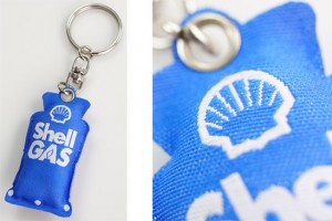 Custom woven keychains in shape of gas can for Shell